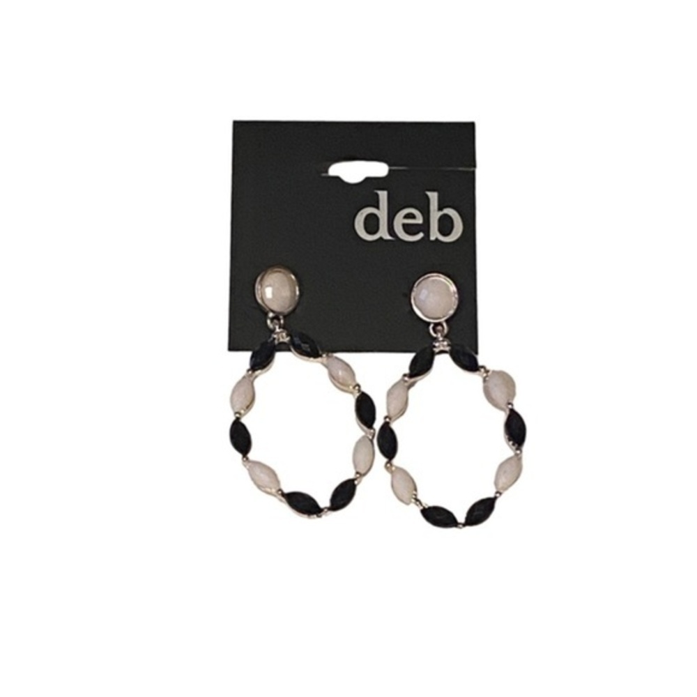 Deb Hoop Earrings Women Black White Beaded Silver Tone Y2K Glam Party